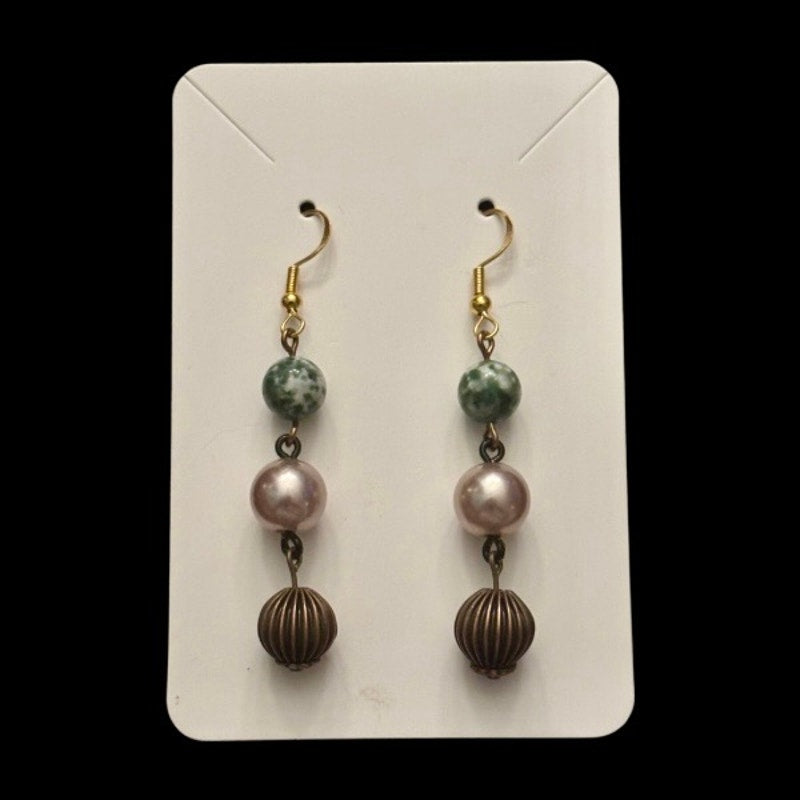 Baroque-inspired Marbled Green, Rose Gold Pearl, & Bronze Beaded Drop Earrings