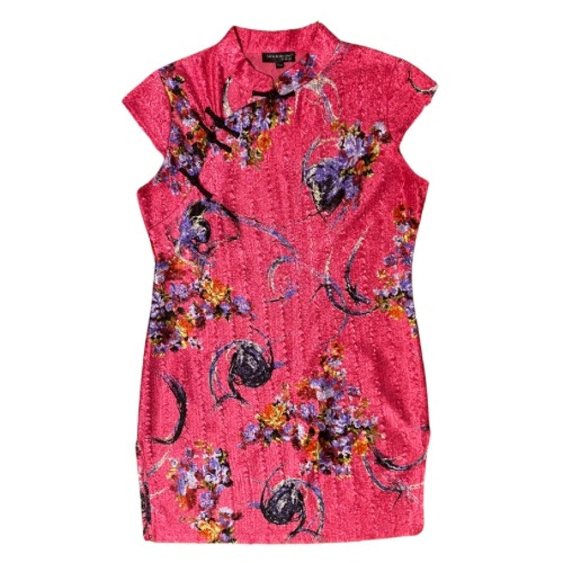 Vintage Hot Pink Chinese Silk du Jin Floral Qipao Mini-Dress (L)