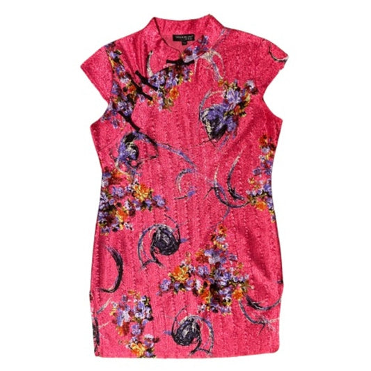 Vintage Hot Pink Chinese Silk du Jin Floral Qipao Mini-Dress (L)