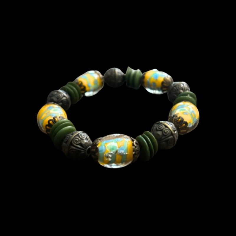 Vintage Yellow & Blue Murano Glass & Forest Green Bead Stretch Bracelet