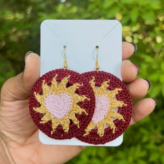 Pink, Gold, & Burgundy Hearts on Fire Micro-crocheted Disc Earrings
