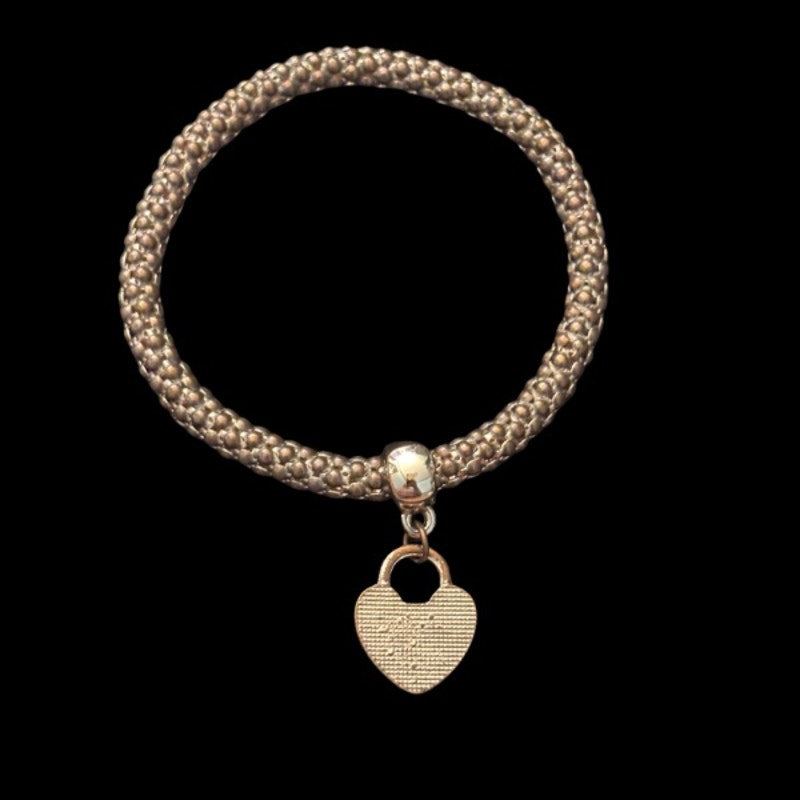 Rhinestone-Studded Heart Lock Charm Costume Rose Gold Stretch Bracelet