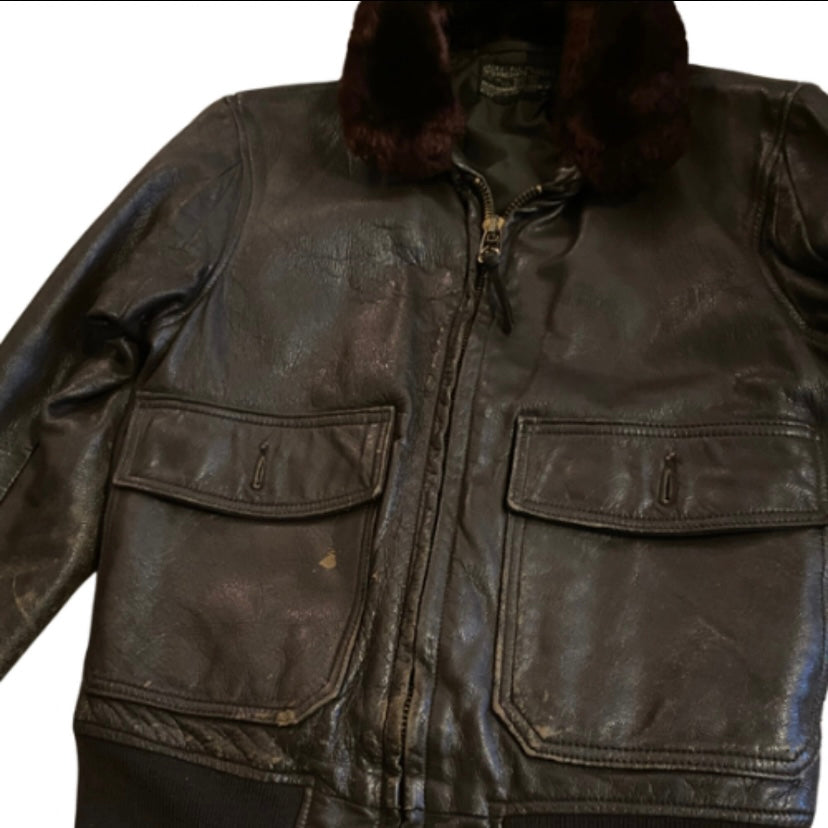 *RARE VINTAGE* 1960s USN Men’s Type G-1 Chocolate Brown Leather Flight Jacket with Fur Collar  (36)