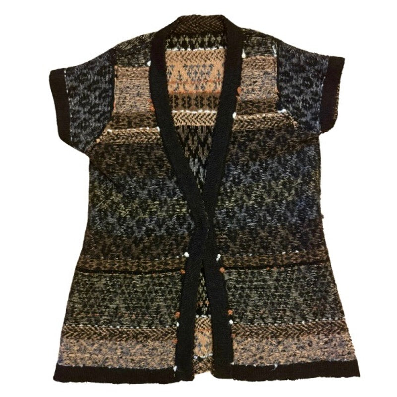 Y2K Black & Brown Fair Isle Knit Short-sleeve Wooden Button Cardigan (6-8)