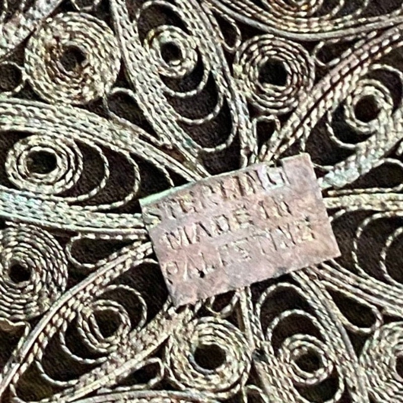 Vintage Palestinian Sterling Silver Oval Openwork Floral Filigree Brooch