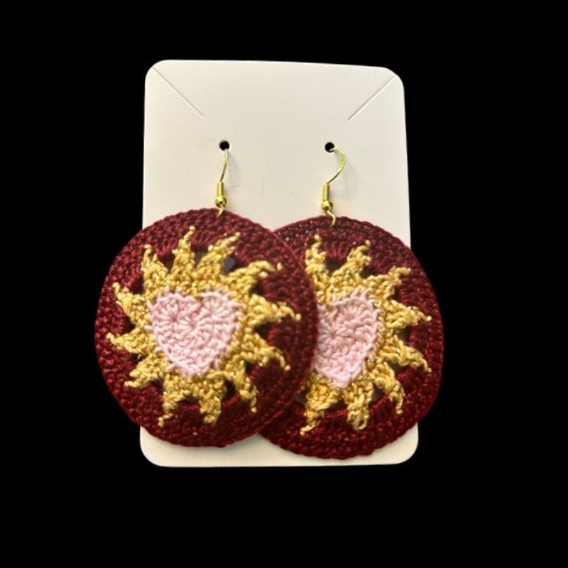 Pink, Gold, & Burgundy Hearts on Fire Micro-crocheted Disc Earrings
