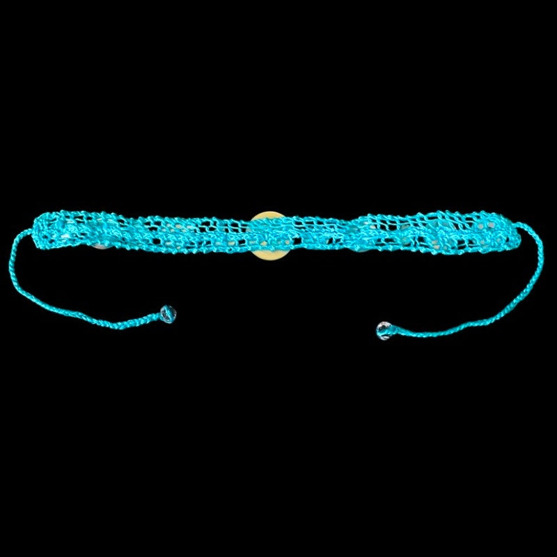 Pearlescent Button Embellished Handknit Turquoise Cotton Choker Necklace