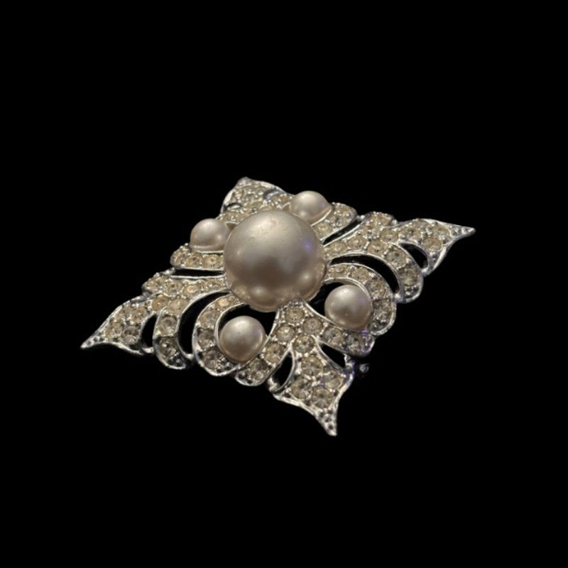 Vintage Art Deco Diamond Shaped Rhinestone Faux Pearl Silver Brooch/ Pin