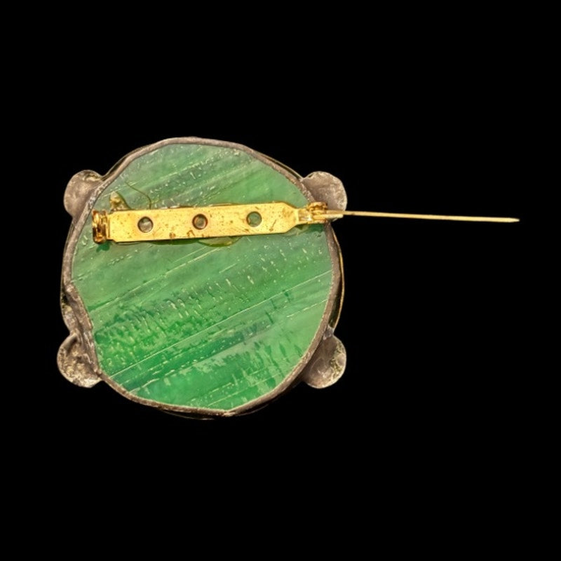 Vintage Studio 229 Round Grapevine Green Stained Glass and Brass Brooch