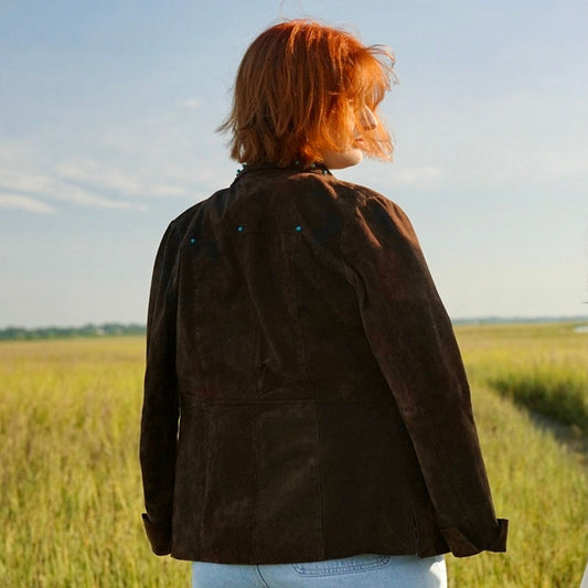 Upcycled Vintage Turquoise Bead Studded Chocolate Brown Suede Genuine Leather Jacket (S)