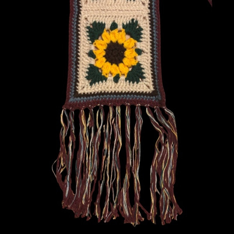 Extra-Long Crocheted Sunflower Granny Square Scarf w/ Multicolor Fringe