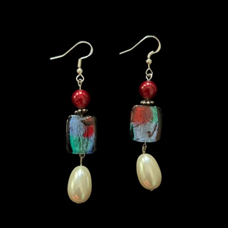 Baroque-Inspired Red, Multi Blue, & Pearl Bead Drop Earrings