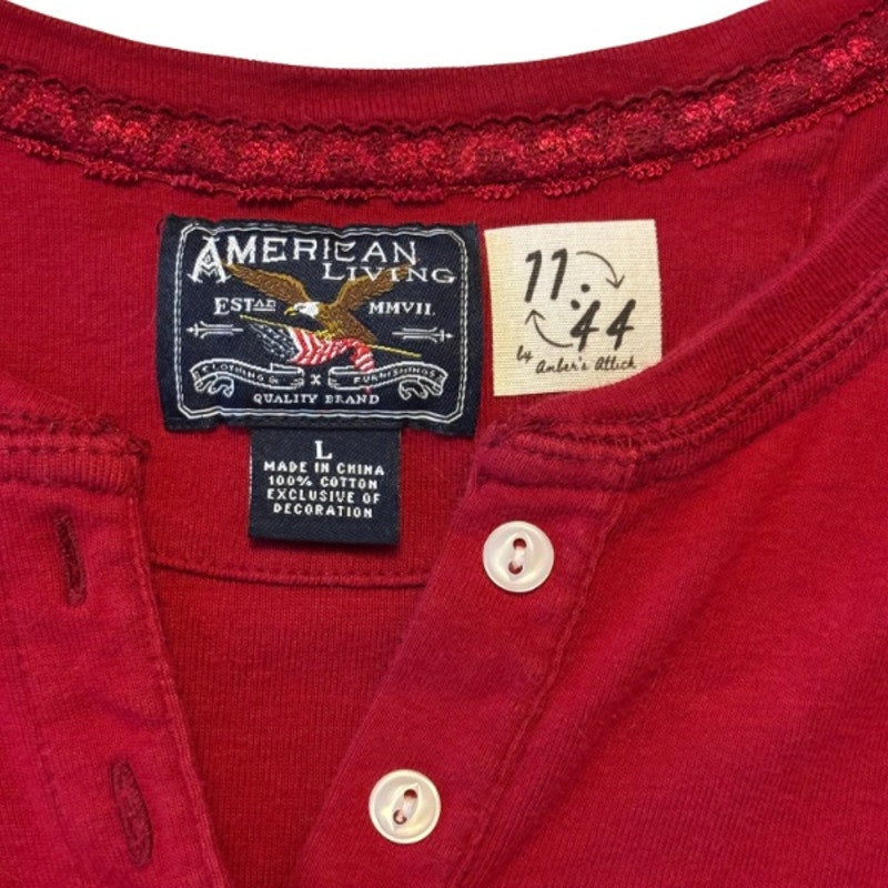 Vintage Embroidered Star Planet Patch Wine Red 1/4 Button Down Cotton Short Sleeve Shirt (L)