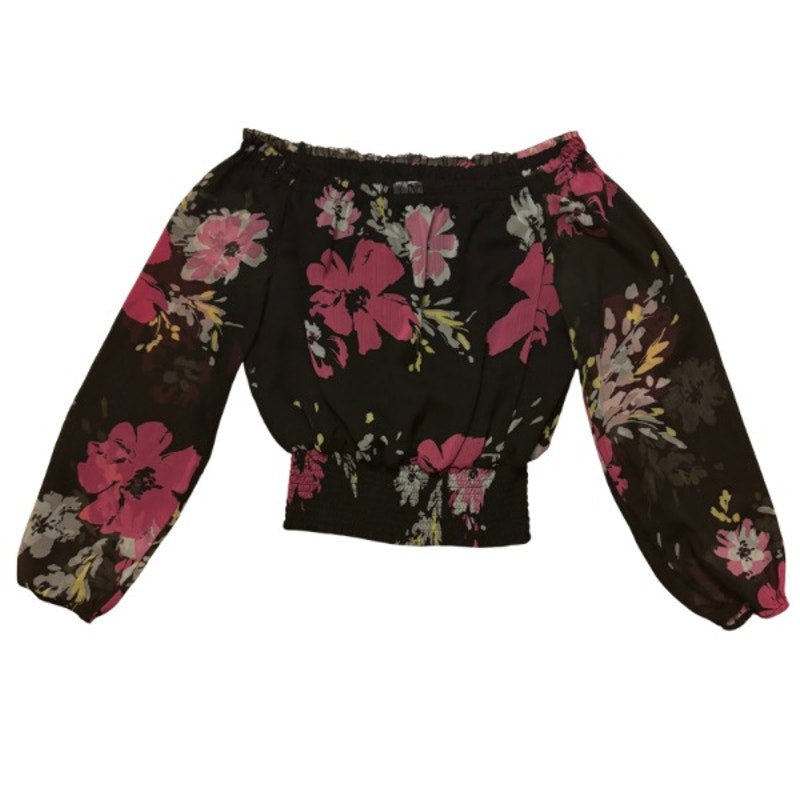 Off-Shoulder Black & Pink Floral Sheer Long Sleeve Shirred Hem Crop Top (12P)