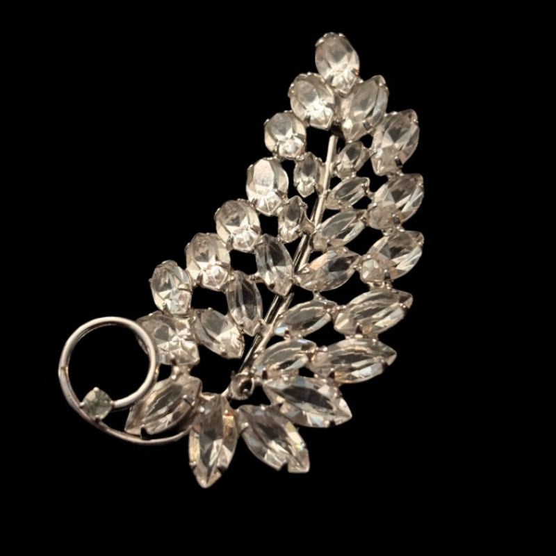 Vintage Clear Rhinestone Sterling Silver Leaf Brooch