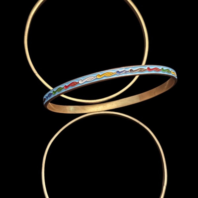 Sky Blue/ Rainbow Scroll Vintage Cloisonné Brass & Enamel Bangle (Medium)