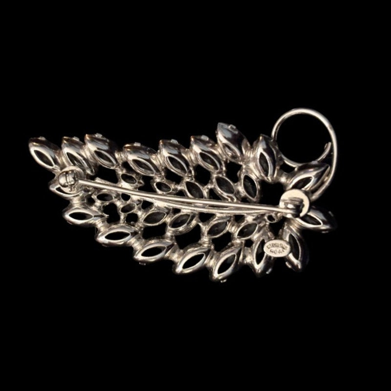 Vintage Clear Rhinestone Sterling Silver Leaf Brooch