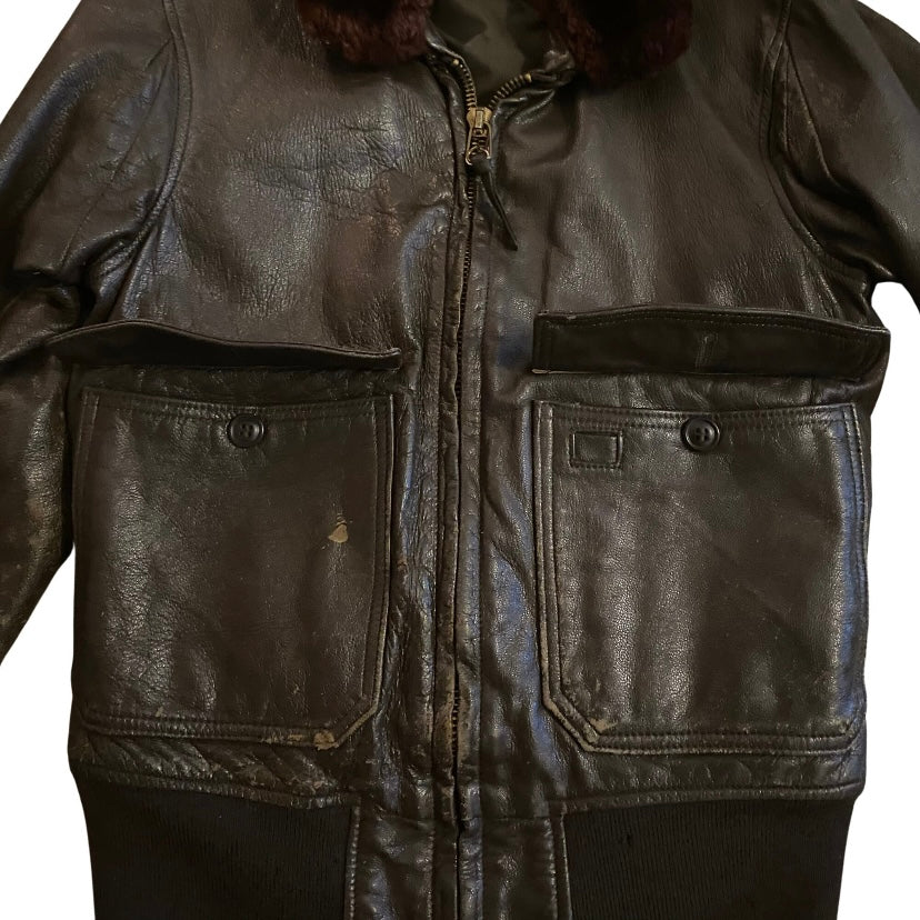 *RARE VINTAGE* 1960s USN Men’s Type G-1 Chocolate Brown Leather Flight Jacket with Fur Collar  (36)