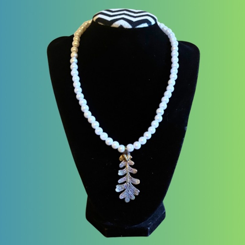 Vintage Silver Leaf Pendant Pearl Choker Necklace | Handmade with Secondhand Materials
