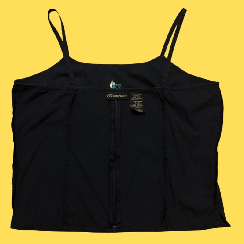 Vintage Embroidered Cotton Parrot Patch Black Navy Spaghetti Strap Cotton Crop Top (JL)