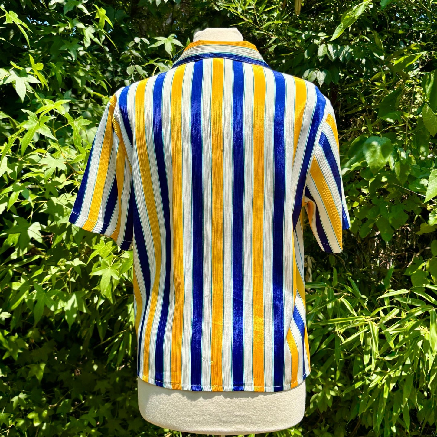 Vintage Textured Satin Yellow, White, & Blue Striped Short Sleeve Shirt (M/L)