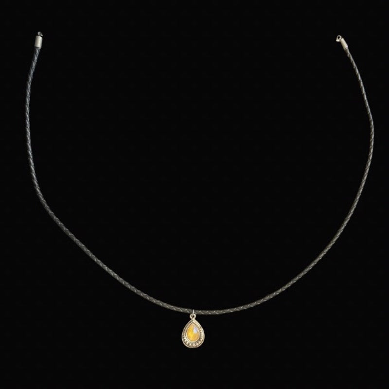 Faux Yellow Topaz & Silver Teardrop Pendant Leather Cord Choker Necklace