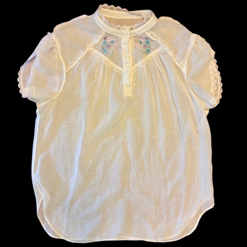 Vintage Sheer Pastel Yellow Floral Embroidered Lace Collar Short Sleeve Blouse (S-M)