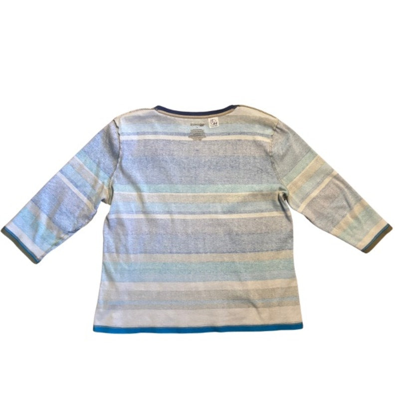 Vintage Sun and Moon Patch Blue/Green Striped 3/4 Sleeve Cotton V-Neck Top (L-XL)
