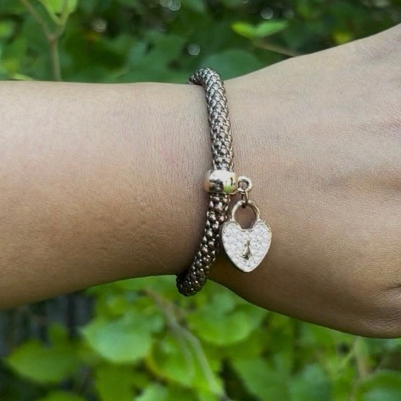 Rhinestone-Studded Heart Lock Charm Costume Rose Gold Stretch Bracelet