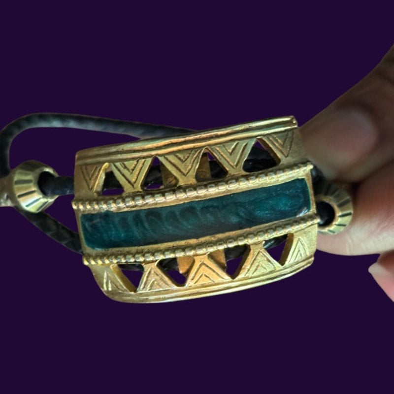 Upcycled Vintage Art Deco Gold and Green Curved Rectangle Bar Bolo Bracelet