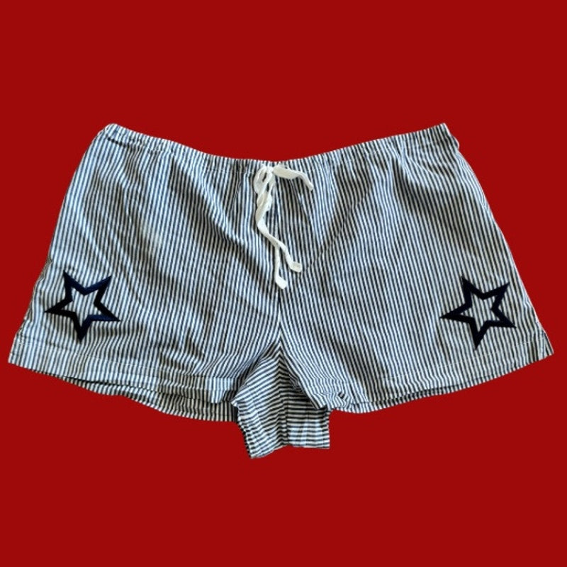 Vintage Navy Star Patch Blue and White Striped Cotton Mini Shorts (L)