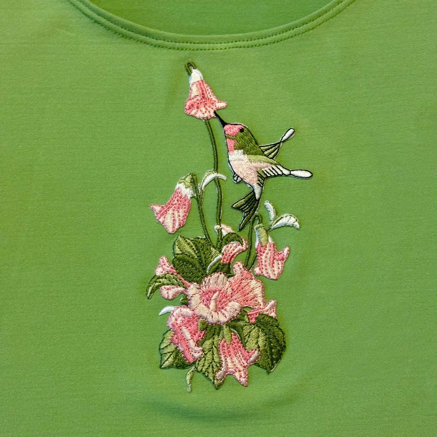 Vintage Embroidered Pink & Green Hummingbird Patch Beaded Fringe Hem Crop Top (Large)