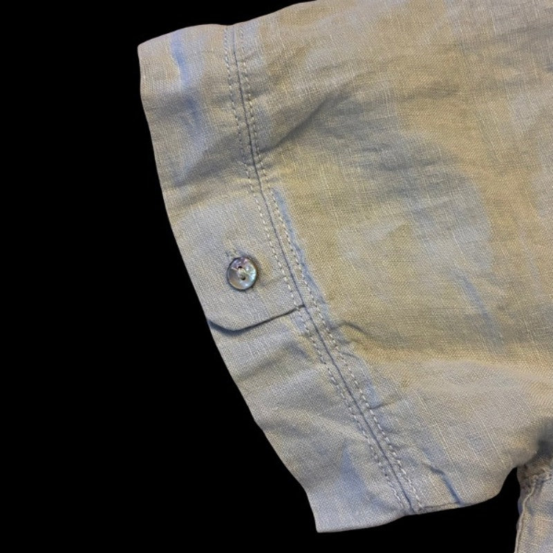 Vintage Sun & Moon Patch Sky Blue Linen Button Down Short Sleeve Shirt (Large)