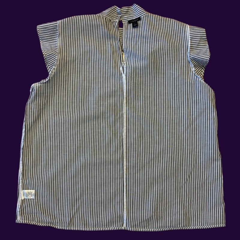 Vintage Cat Patch Flutter Cap-Sleeve Mock Neck Striped Blue and White Pussy Bow Cotton Top (L)