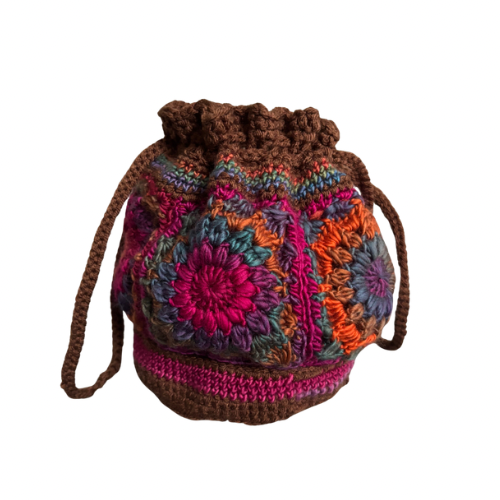 Retro Crocheted Granny Square Drawstring Pouch Bags | Made by Maya