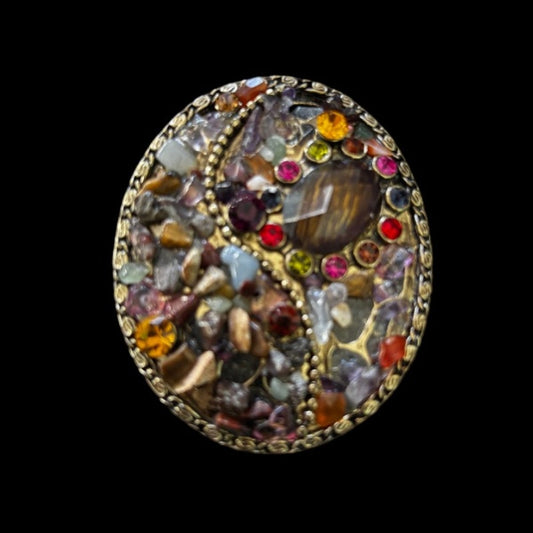 Vintage Rainbow Multicolored Gemstone Shards and Rhinestone Studded Gold-Toned Oval Brooch