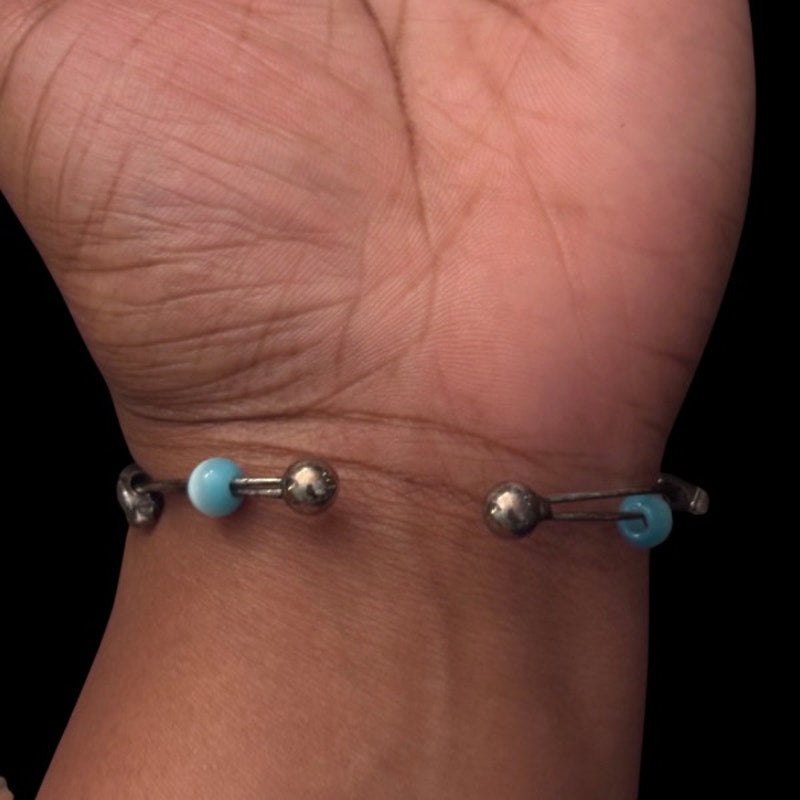 Vintage Silver Dolphin & Aquamarine Bead Wire Cuff Bracelet