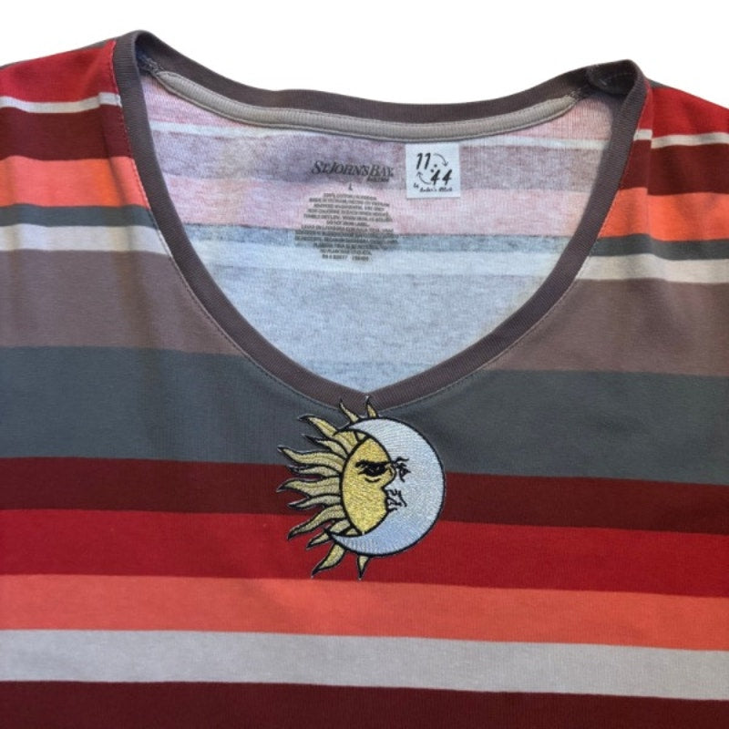 Vintage Sun and Moon Patch Coral Pink/Green Striped 3/4 Sleeve Cotton V-Neck Top (L-XL)