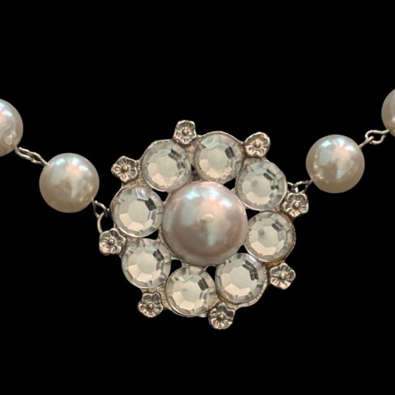 Vintage Rhinestone & Pearl Flower Pendant Pearl Beaded Chain Necklace | Handmade with Secondhand Materials