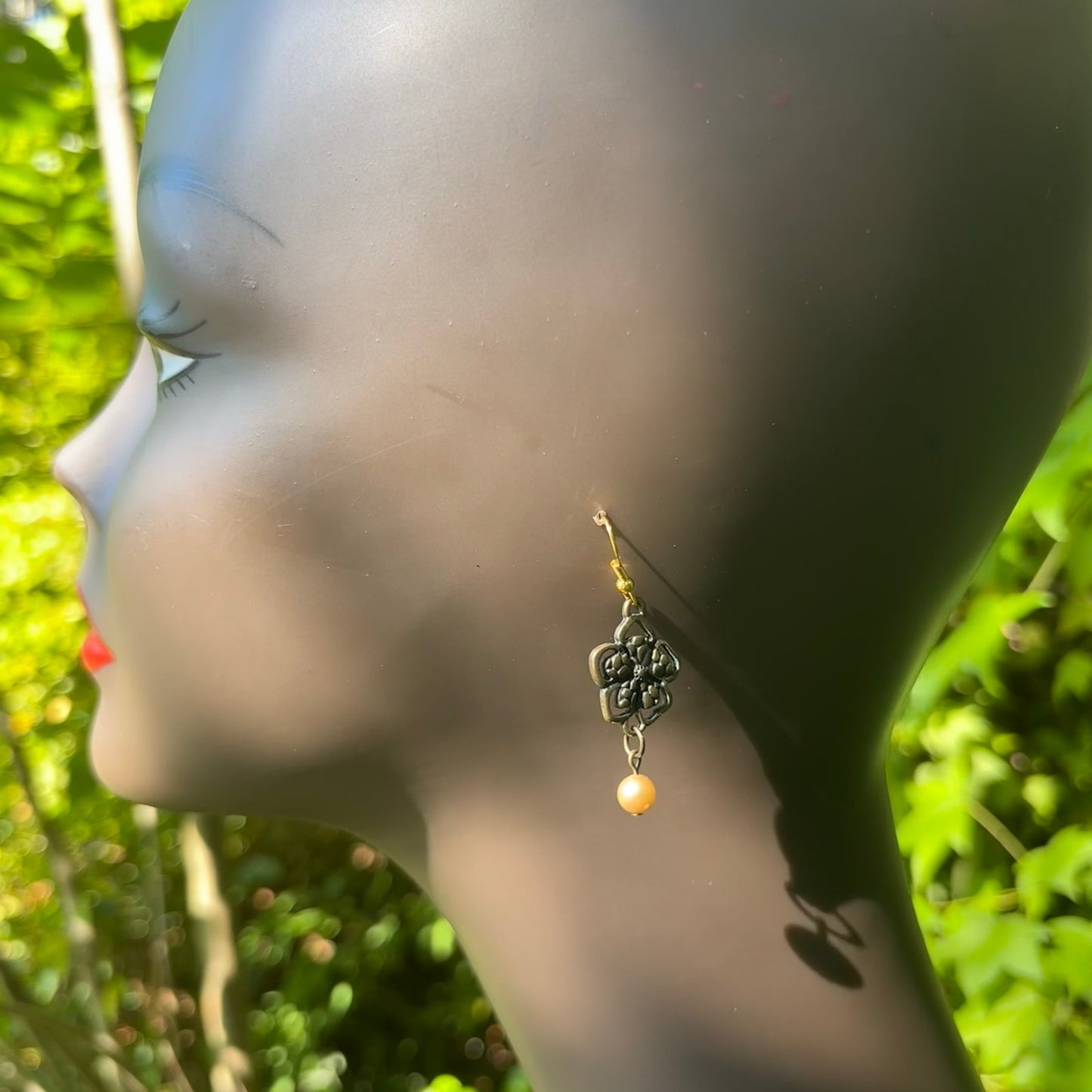 Baroque-Inspired Bronze Flower & Cream Pearl Drop Earrings