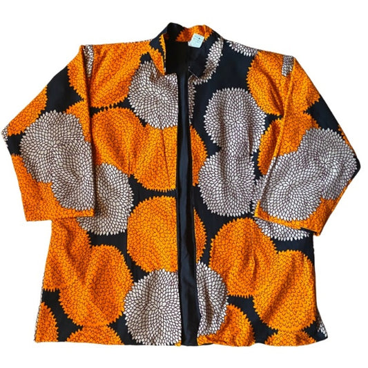 Orange/ Black/ Beige Chrysanthemum Ankara Print Print Open-Front Cotton Jacket (L)