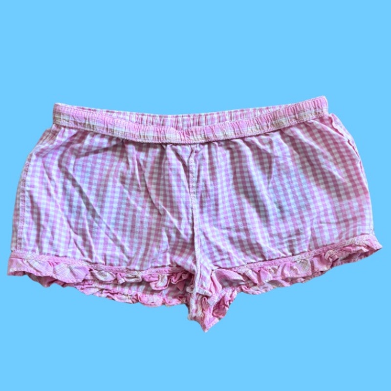 Vintage Tulip Patch Pink and White Gingham Ruffle Hem Cotton Lounge Bloomers (L)