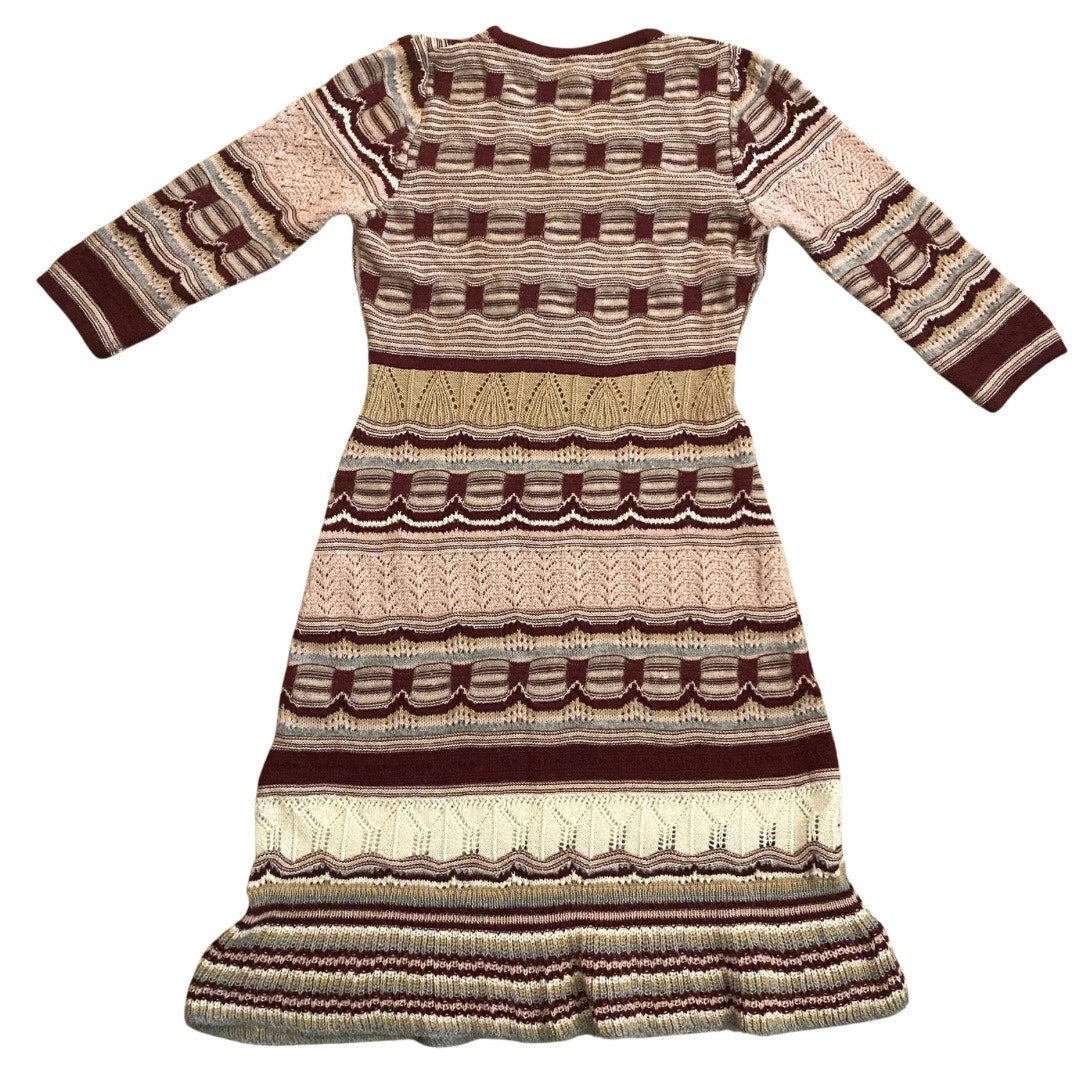 NWT V-Neck Pink/ Burgundy/ Cream/ Striped Baby Alpaca Wool Knit Ruffle Hem Dress (M)