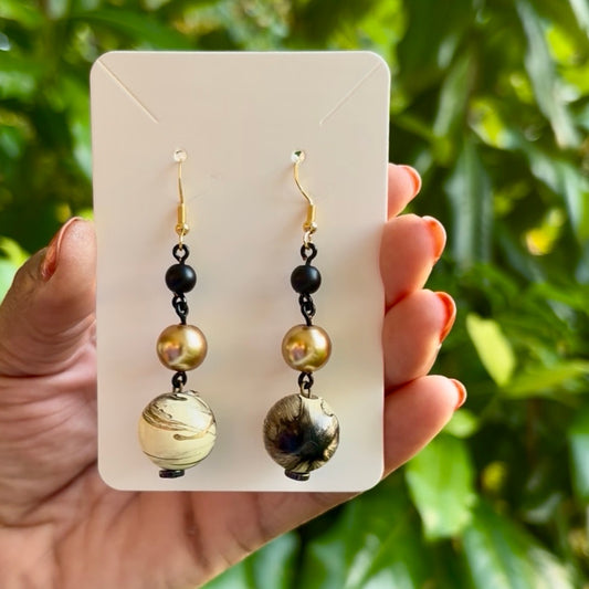 Baroque-Inspired Black, Gold & White Marbled Beaded Drop Earrings