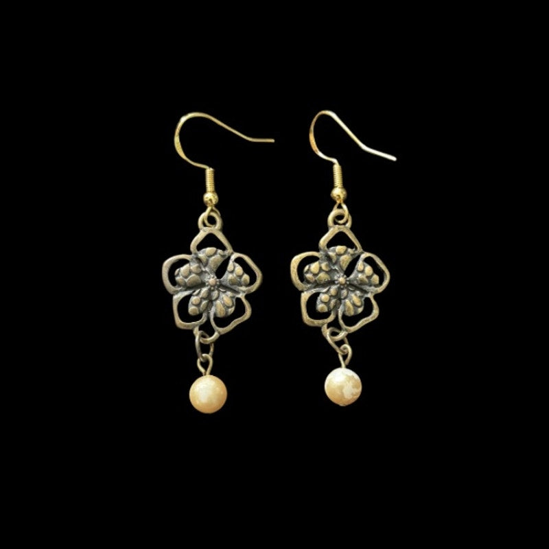 Baroque-Inspired Bronze Flower & Cream Pearl Drop Earrings