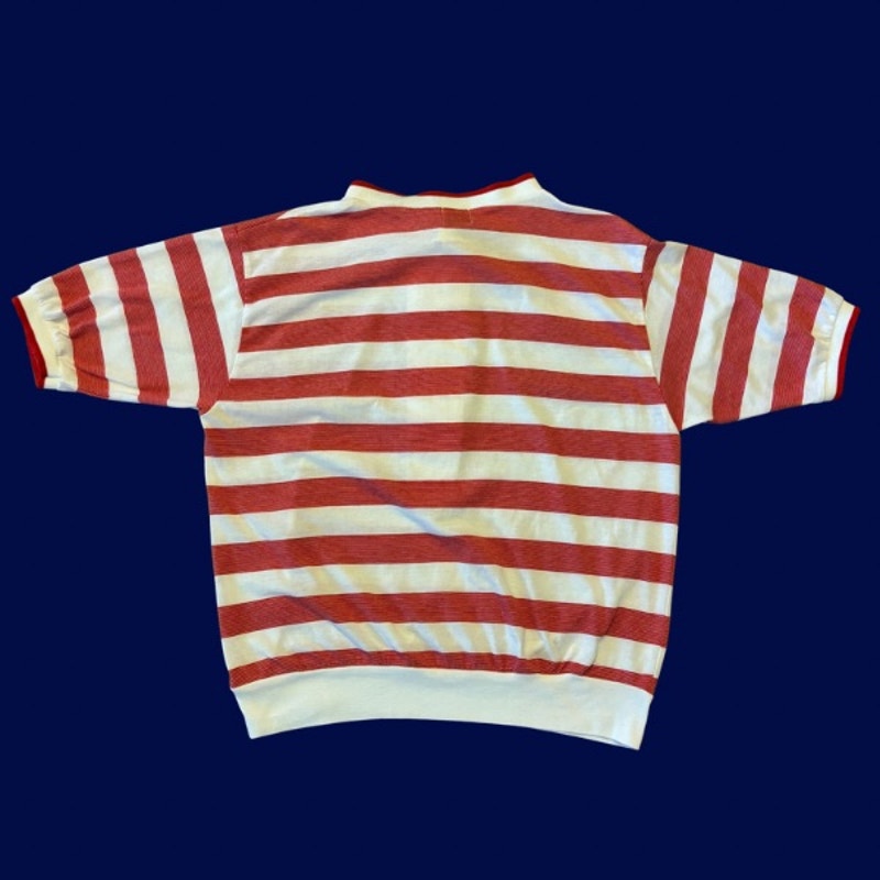 Vintage Navy Star Patch Red and White Rugby Striped Quarter Sleeve Ribbed Hem Button Down Shirt (M)