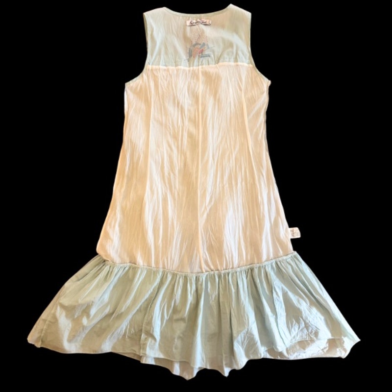 C’est Fait Pour Vous Y2K Light Blue and White Pinstriped Drop Waist Handkerchief Hem Fairy Dress (S/M)