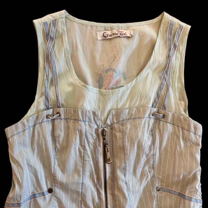 C’est Fait Pour Vous Y2K Light Blue and White Pinstriped Drop Waist Handkerchief Hem Fairy Dress (S/M)