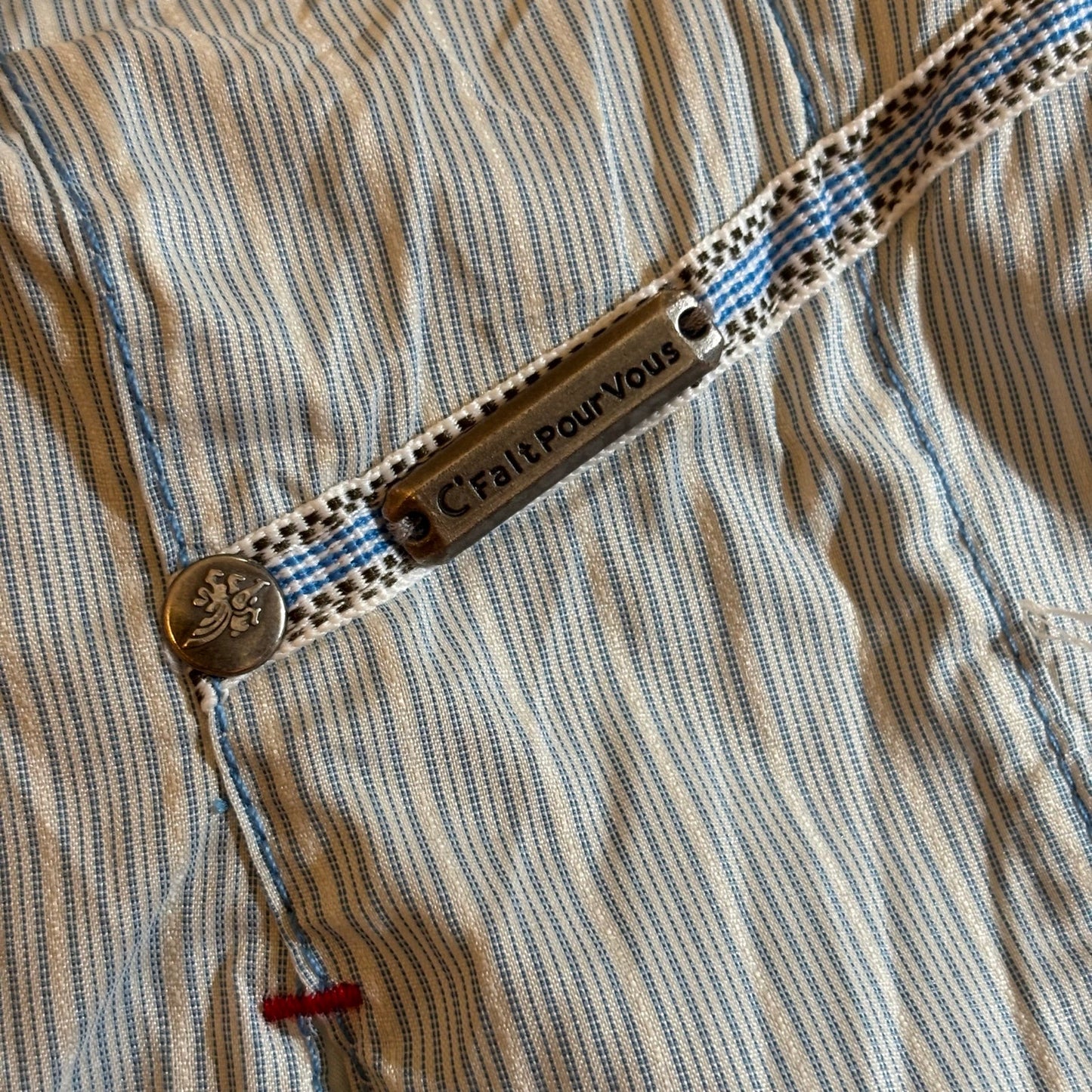 C’est Fait Pour Vous Y2K Light Blue and White Pinstriped Drop Waist Handkerchief Hem Fairy Dress (S/M)