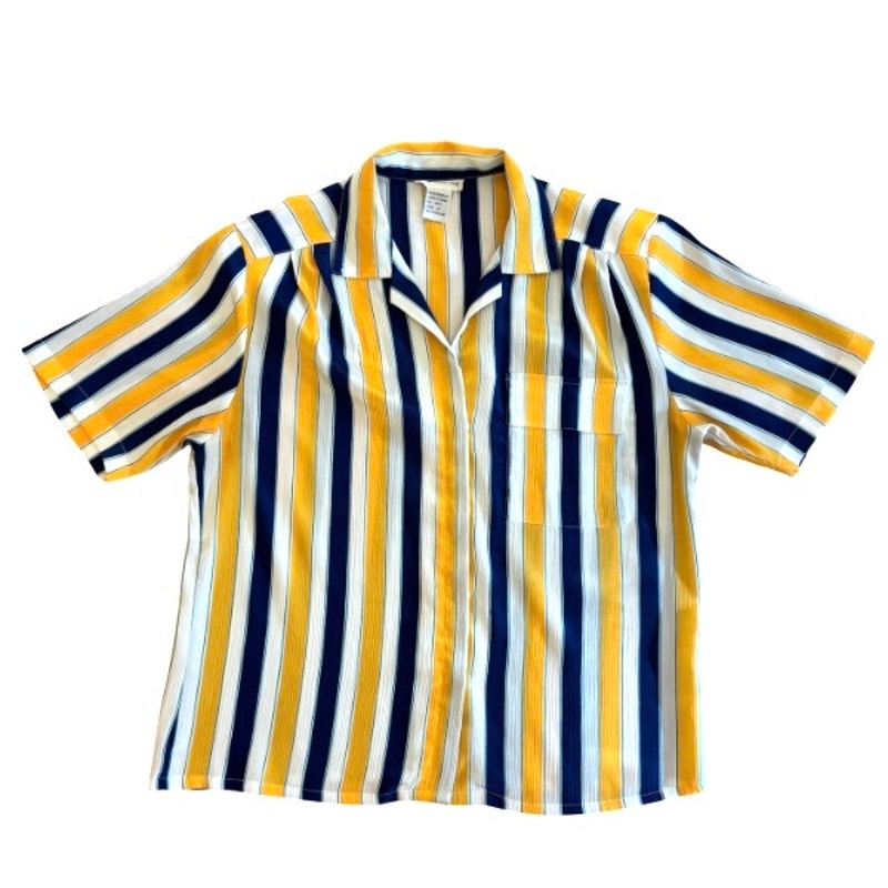 Vintage Textured Satin Yellow, White, & Blue Striped Short Sleeve Shirt (M/L)